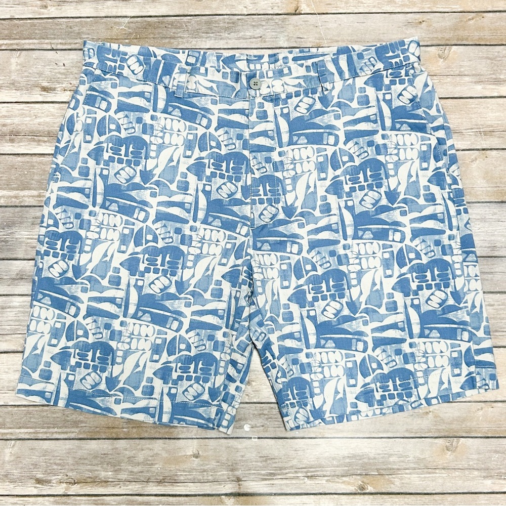 Savane Blue Grey Beige Hawaiian Abstract Flat Front Cotton Shorts 38 *No Belt*